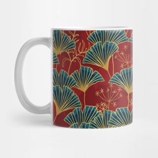 Blue Ginkgo Leaves on Red Background with Gold Outline Mug